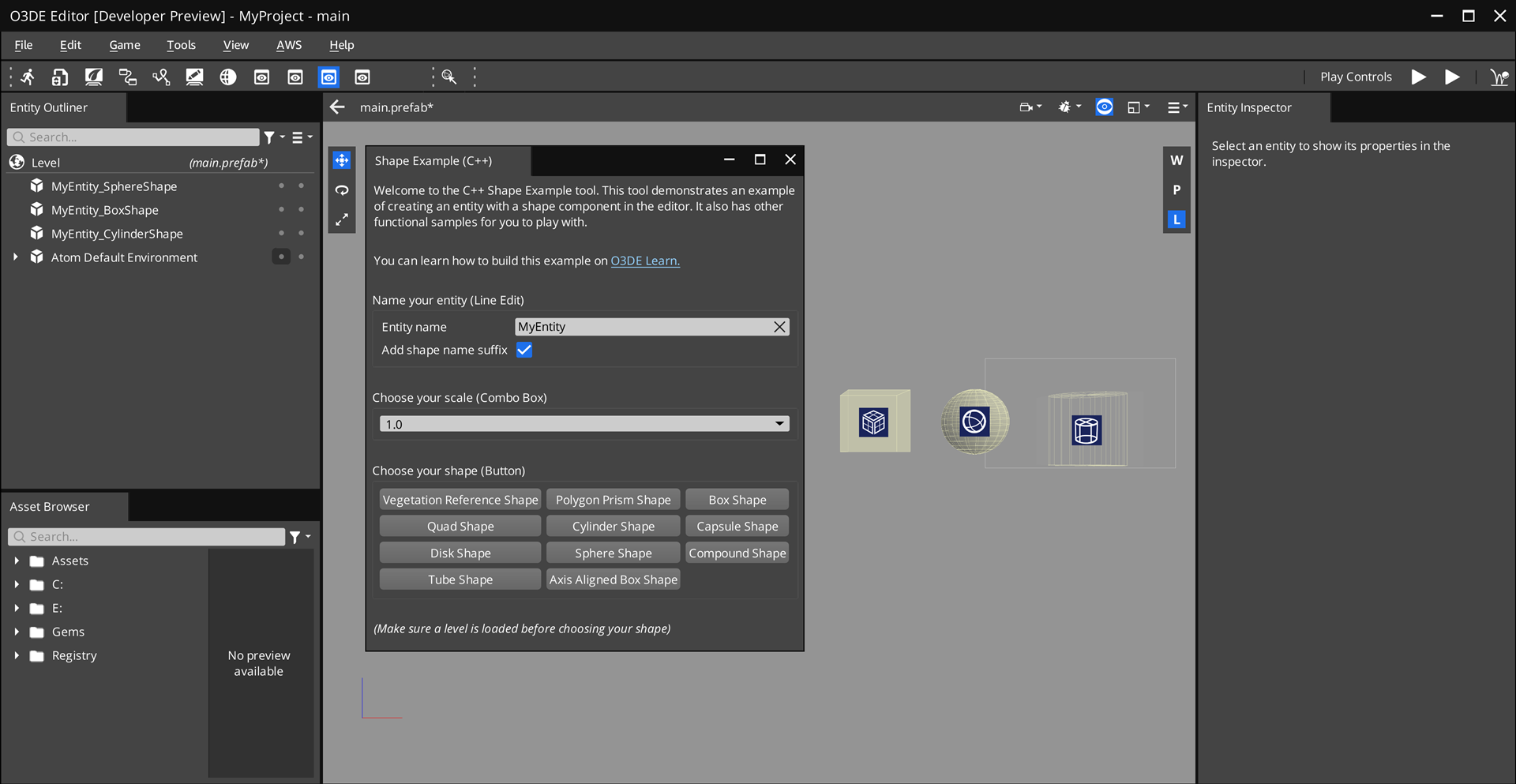 An image of the Shape Example tool and some entities created by it.