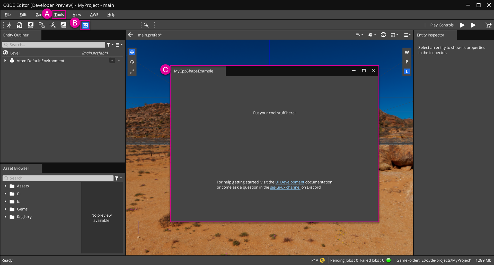 Editor with a tool created using the CppToolGem template